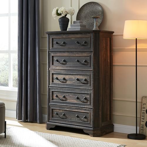 T4TREAM Farmhouse 5 Drawers Dresser for Bedroom, 48" Tall Wood Rustic Chest of Drawers with Natural Texture, Vintage Design