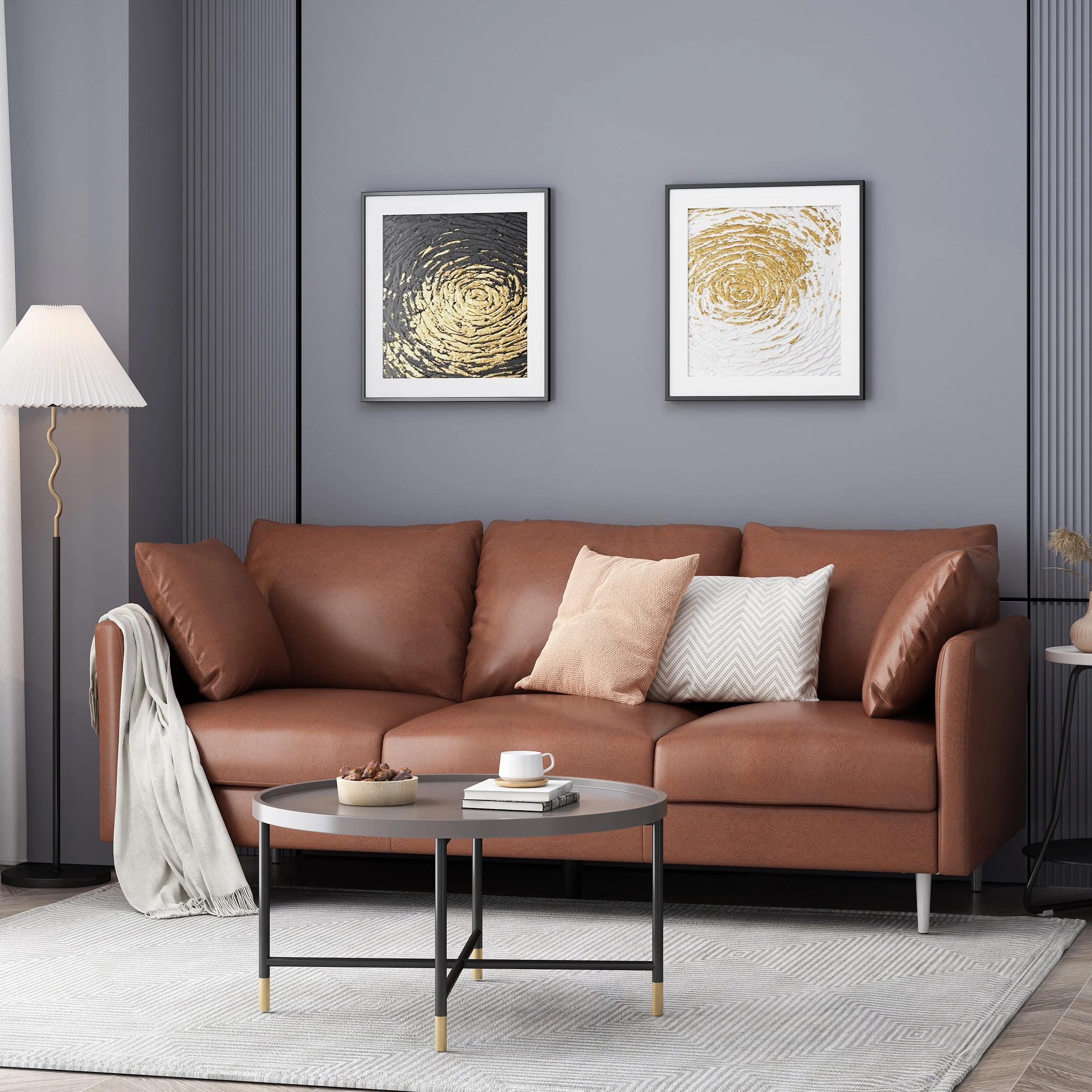 Noble House Eliphaz Faux Leather 3 Seater Sofa with Pillows, Cognac Brown