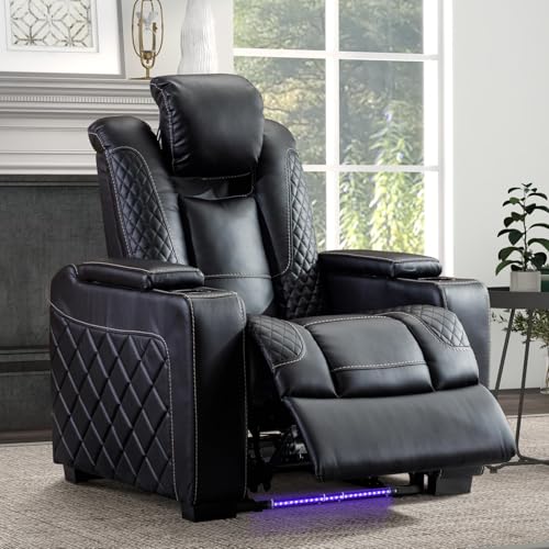 Electric Power Recliner Chair with Adjustable Headrest, Faux Leather Home Theater Seating Chairs with Ambient Lighting, Hidden Arm Storage, USB Ports