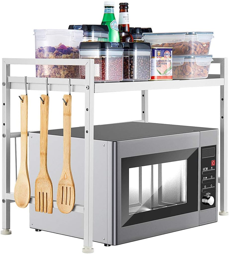 i BKGOO Expandable White Microwave Oven Rack Shelf Kitchen Supplies Tableware Storage Carbon Stainless Steel Counter Rice Cooker Stand Contains 2
