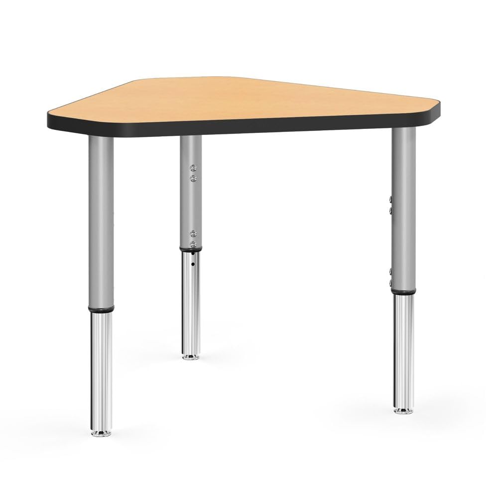 Tesco Synergy 29.75"x33.5" Jewel Shaped Classroom Student Desk, Fusion Maple Laminate Top, (17"-30") Adjustable Height, Black Edge and Silver Legs