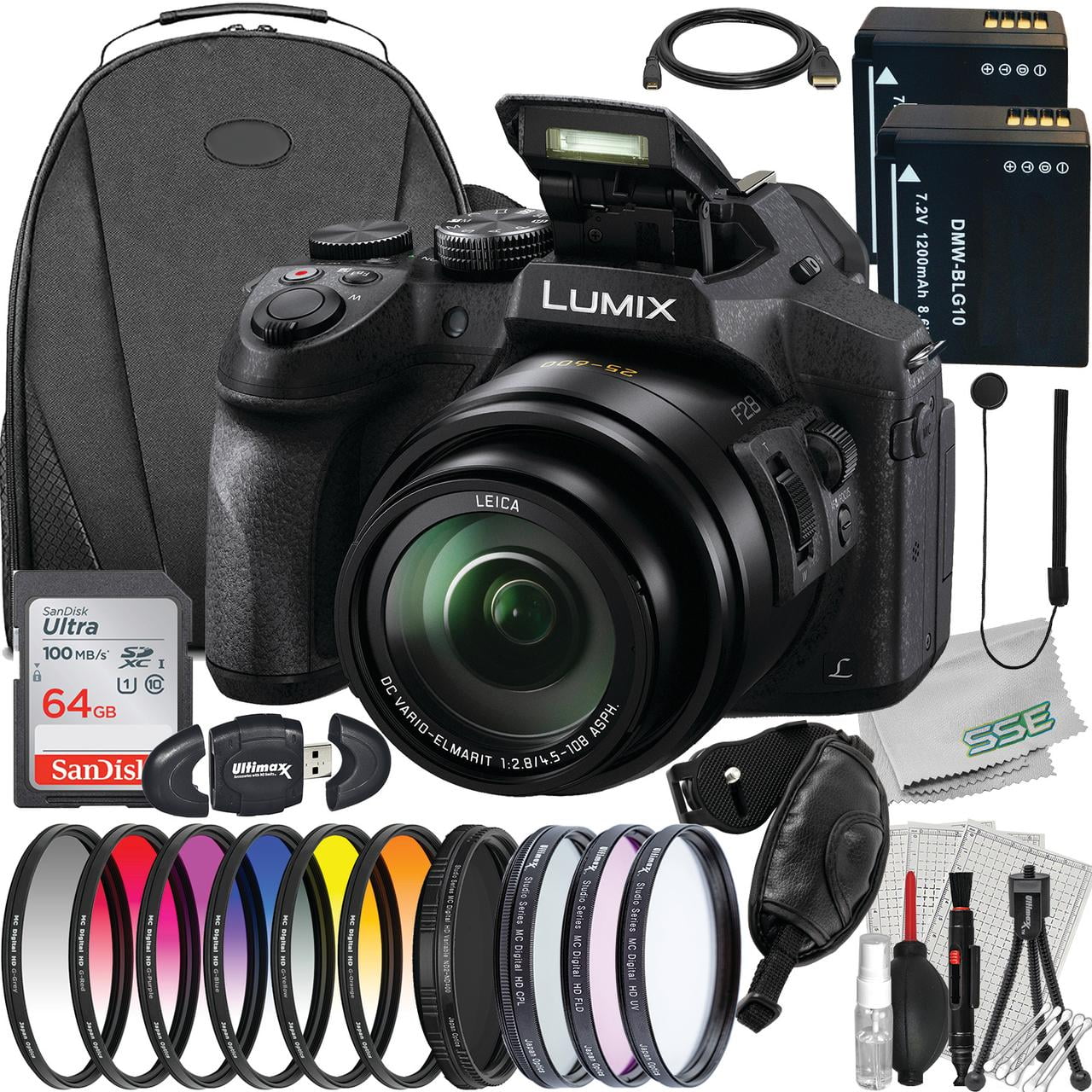 Panasonic Lumix DMC-FZ300 Digital Camera with Deluxe Accessory Bundle: SanDisk 64GB Ultra SDHC, 2x Spare Batteries