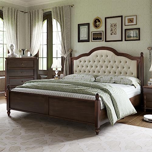 Solid Bed Frame Queen Size, Transitional Platform Bed with 52.5"" Upholstered Tufted Headboard