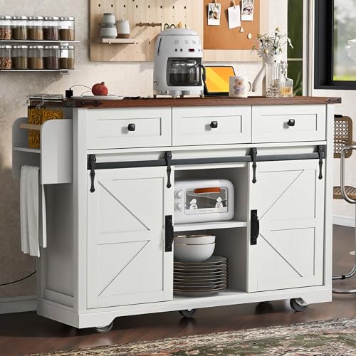 Amposei Farmhouse Kitchen Island on Wheels with Drop Leaf & Power Outlet, 53.7-Inch Rolling Storage Island Cart with Drawers
