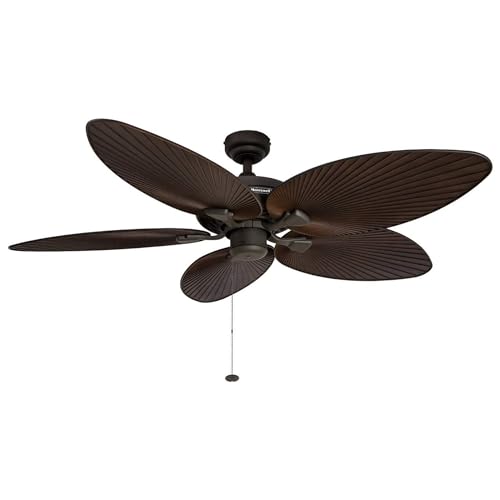Honeywell Ceiling Fans Palm Lake, 52 Inch Tropical Indoor Outdoor Ceiling Fan with Light, Pull Chain, Three Mounting Options, 5 Palm Leaf Blades
