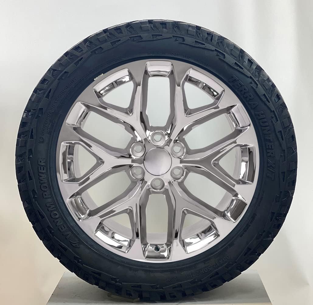 22 Inch Chrome Snowflake Wheels Rims with 33x12.50R22 Tires Lugs TPMS Fits 2000-2023 Chevy Silverado, Tahoe, Suburban and GMC Sierra, Yukon