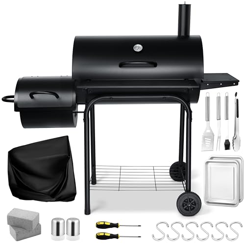 Charcoal Grill with Offset Smoker, Leonyo 13 Pcs Outdoor Charcoal Grill with Smoker, 445 Sq.in Barrel BBQ Grill with Cover & Chimney Starter