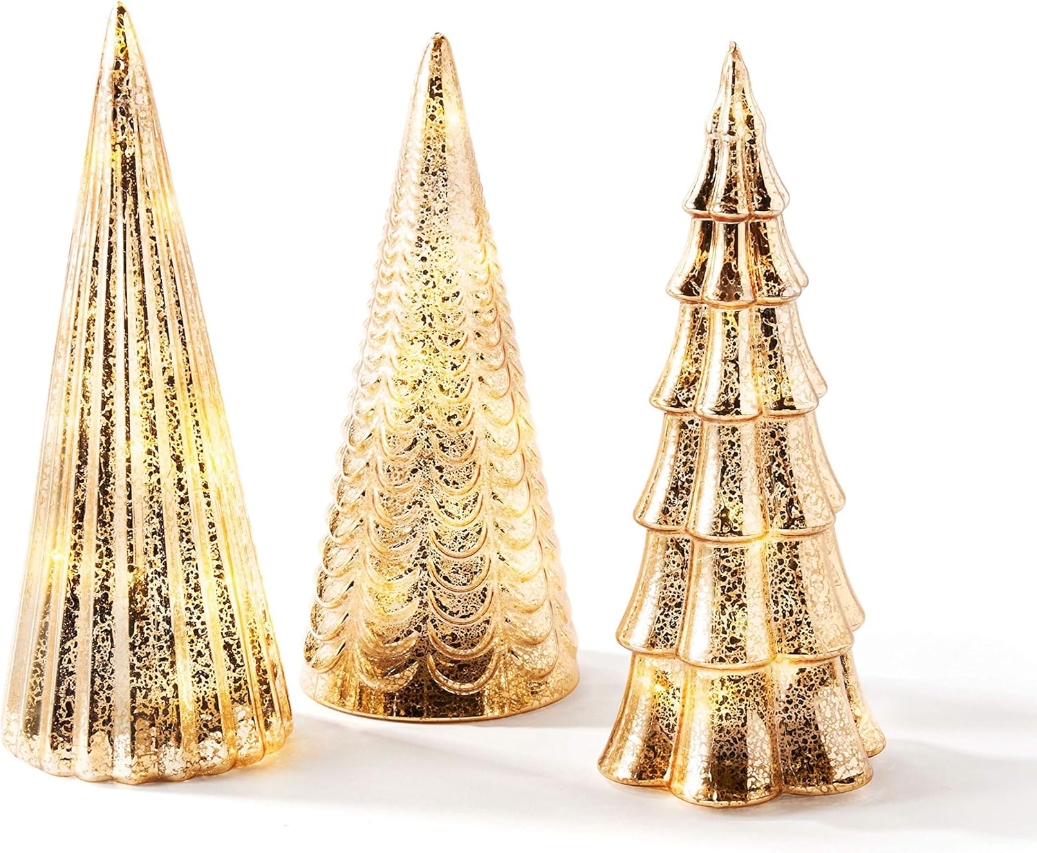Mercury Glass Christmas Tree Decoration - Set of 3 Assorted Trees with Fairy Lights, 10 Inch Tall, Champagne Gold, Batteries Included