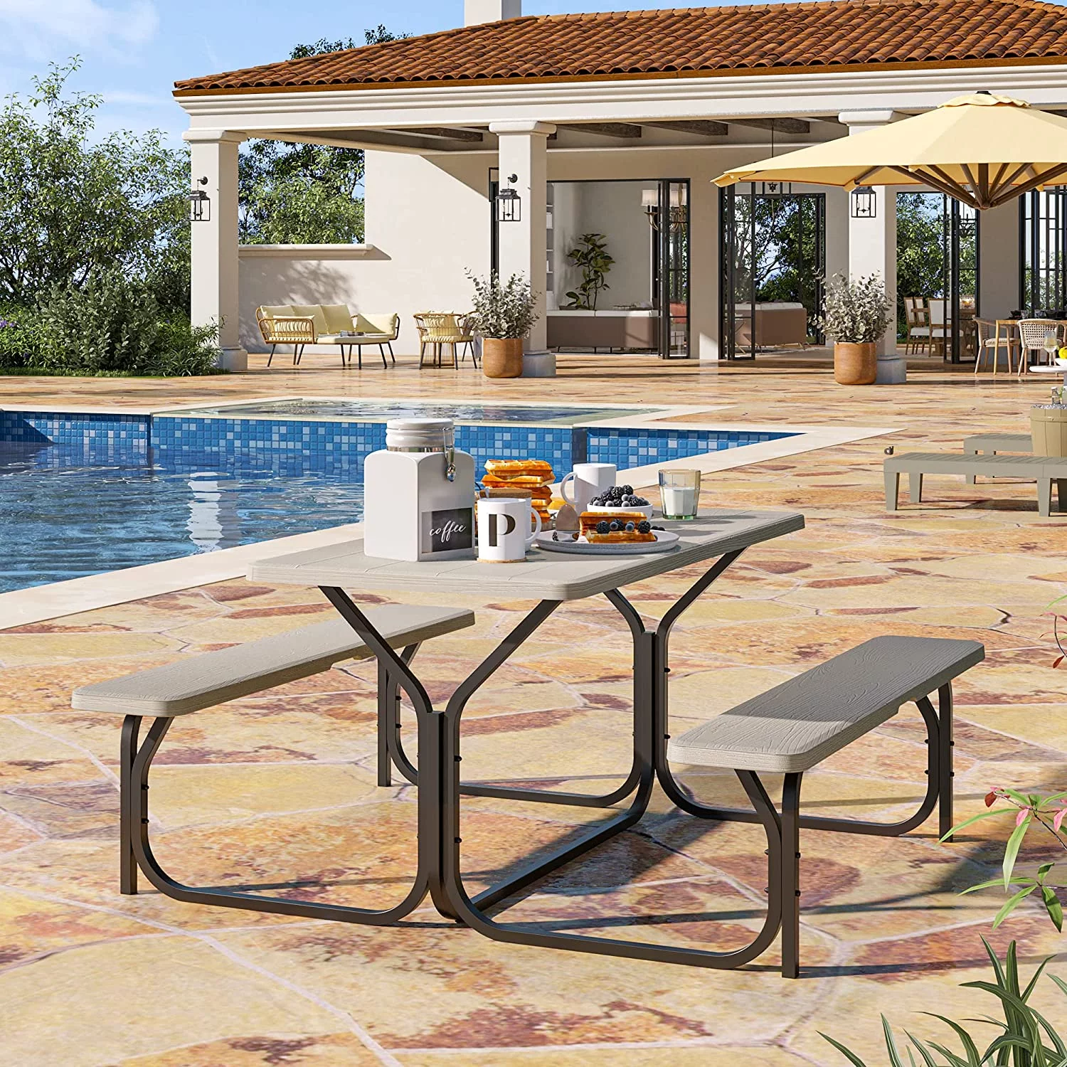 Dextrus Heavy-Duty Outdoor Picnic Table Set with Weatherproof Resin Tabletop, Sturdy Steel Frame for Yard, Patio, and Lawn, Light Brown
