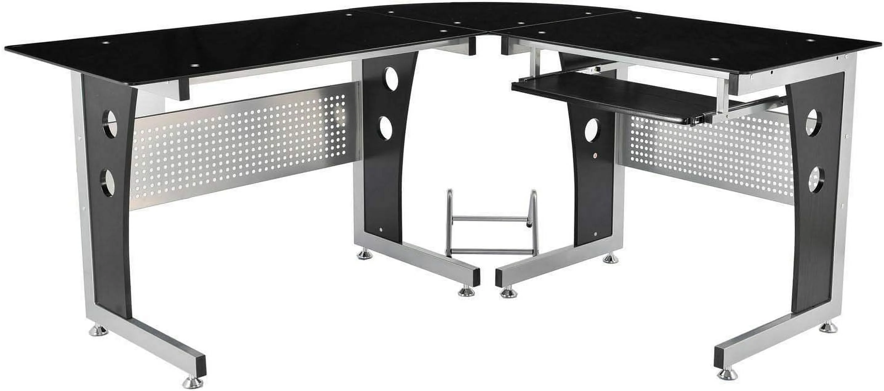Black L-Shape Corner Tempered Glass Top Computer Desk Slide-Out Keyboard Tray CPU Tower Stand Laptop Notebook PC Workstation Study Writing Reading