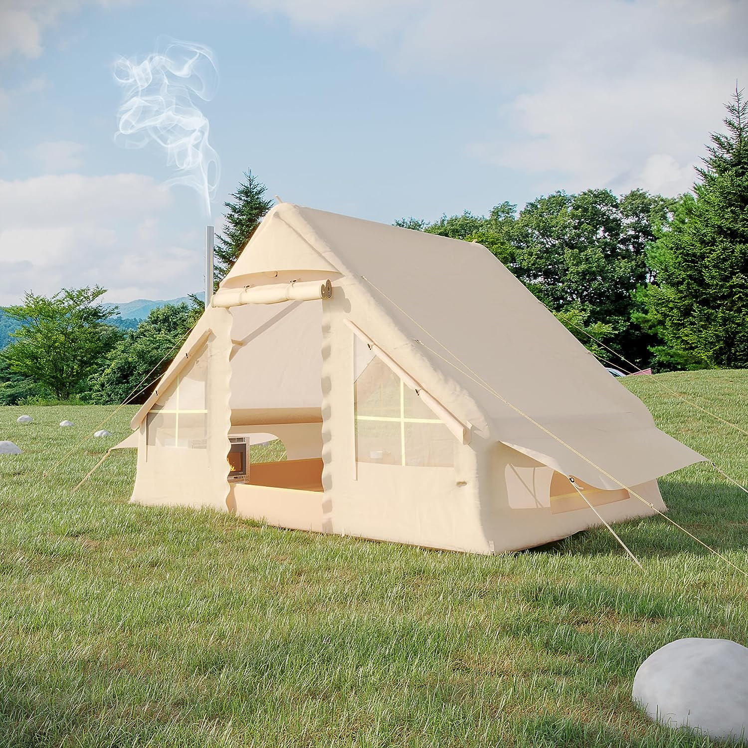 Richryce Inflatable Camping Tent with Pump, Glamping Tents Easy Setup 4 Season Waterproof Windproof with Stove Jack & Mesh Windows & Pump