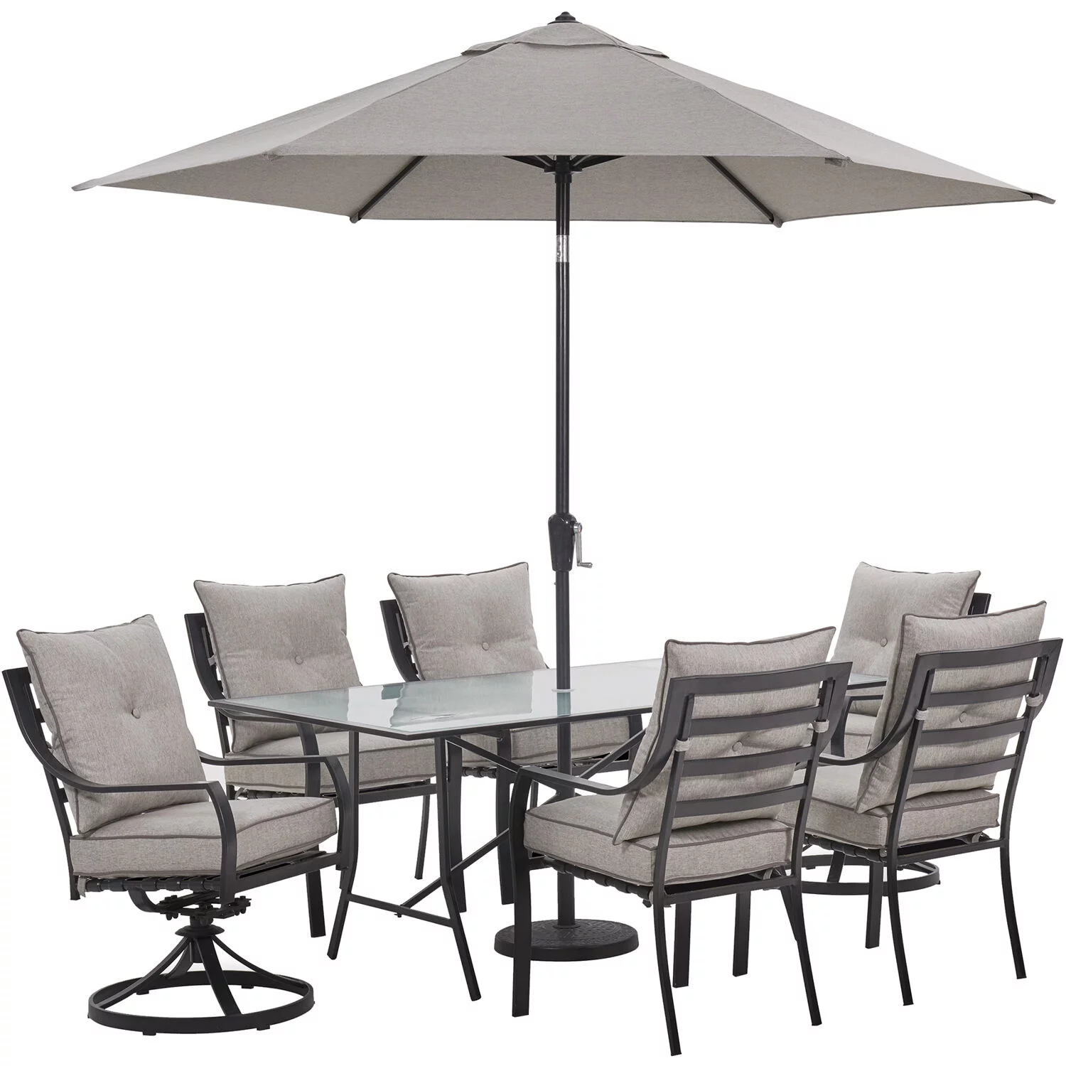 Hanover Lavallette 7-Piece Modern Outdoor Dining Set with Umbrella | 6 Cushioned Swivel Rocker Chairs | 66'' x 38'' Glass-Top Table | Weather