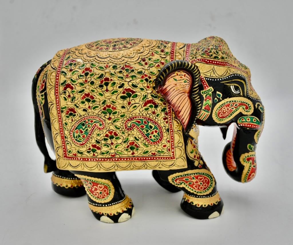Elephant Statue 8 Inch handmade wooden Trunk Up real gold foil work Art