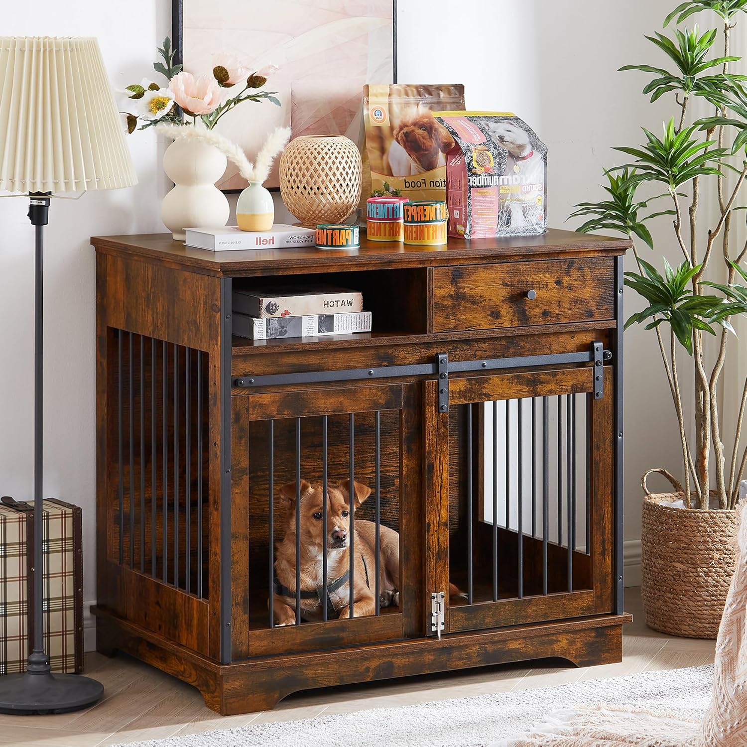 35.4 Inch Furniture Style Dog Crate with Sliding Barn Door and Storage Drawers, Wooden Dog Cage Furniture End Side Table, Chew-Resistant