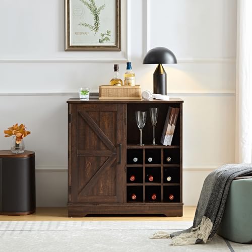 Dolonm Farmhouse Coffee Bar Cabinet Bar Cabinet with Wine Rack Barn Door Buffet Sideboard Cabinet with Drawer, Adjustable Storage Shelves