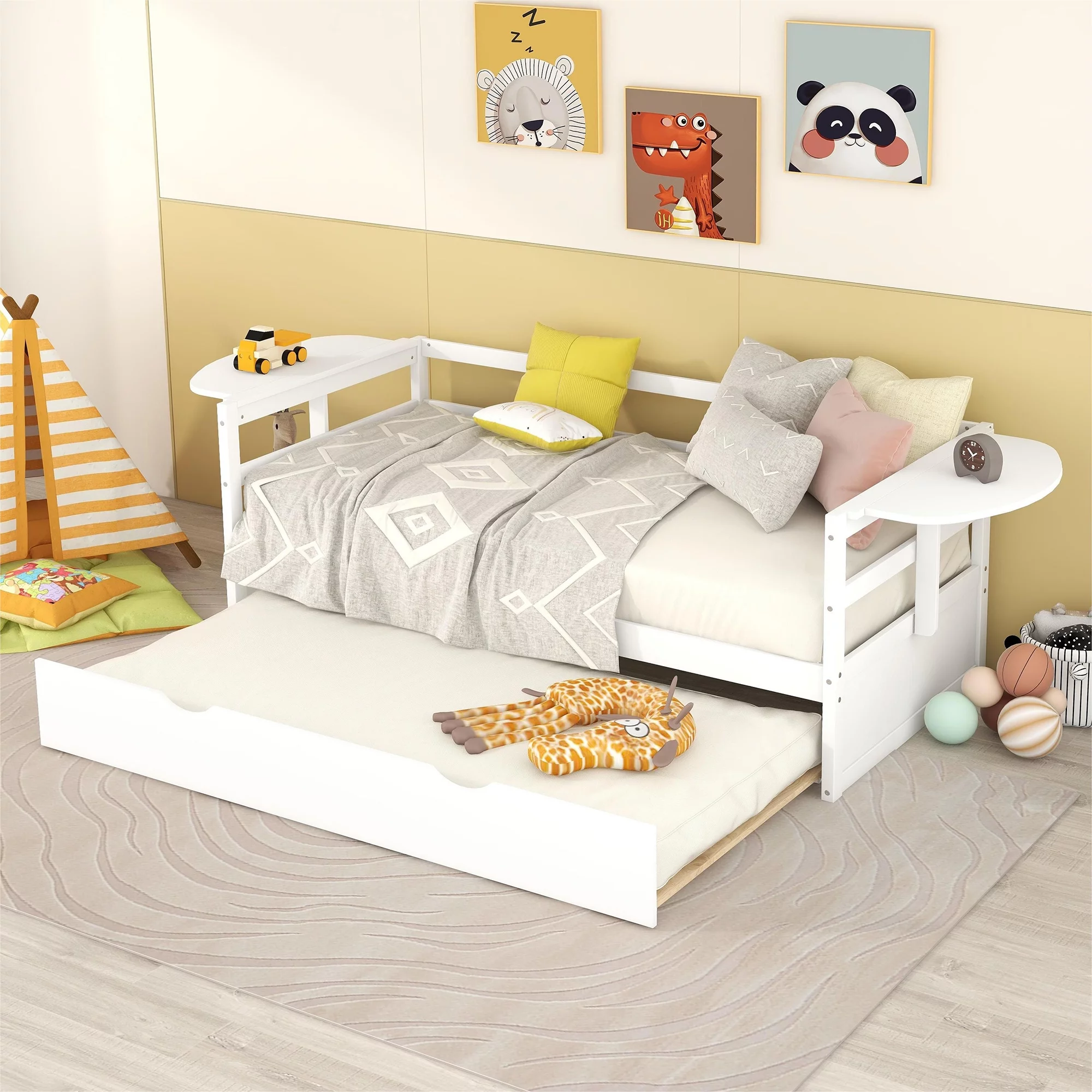 Euroco Pine Wood Twin Size Daybed with Trundle and Foldable Tables, White
