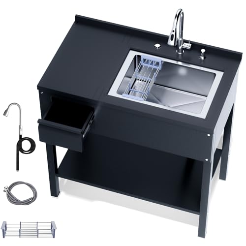 36" Stainless Steel Freestanding Utility Sink with Drawer, Laundry&Utility Room Sinks, Upgrades Faucet, Hoses and Drain Kit