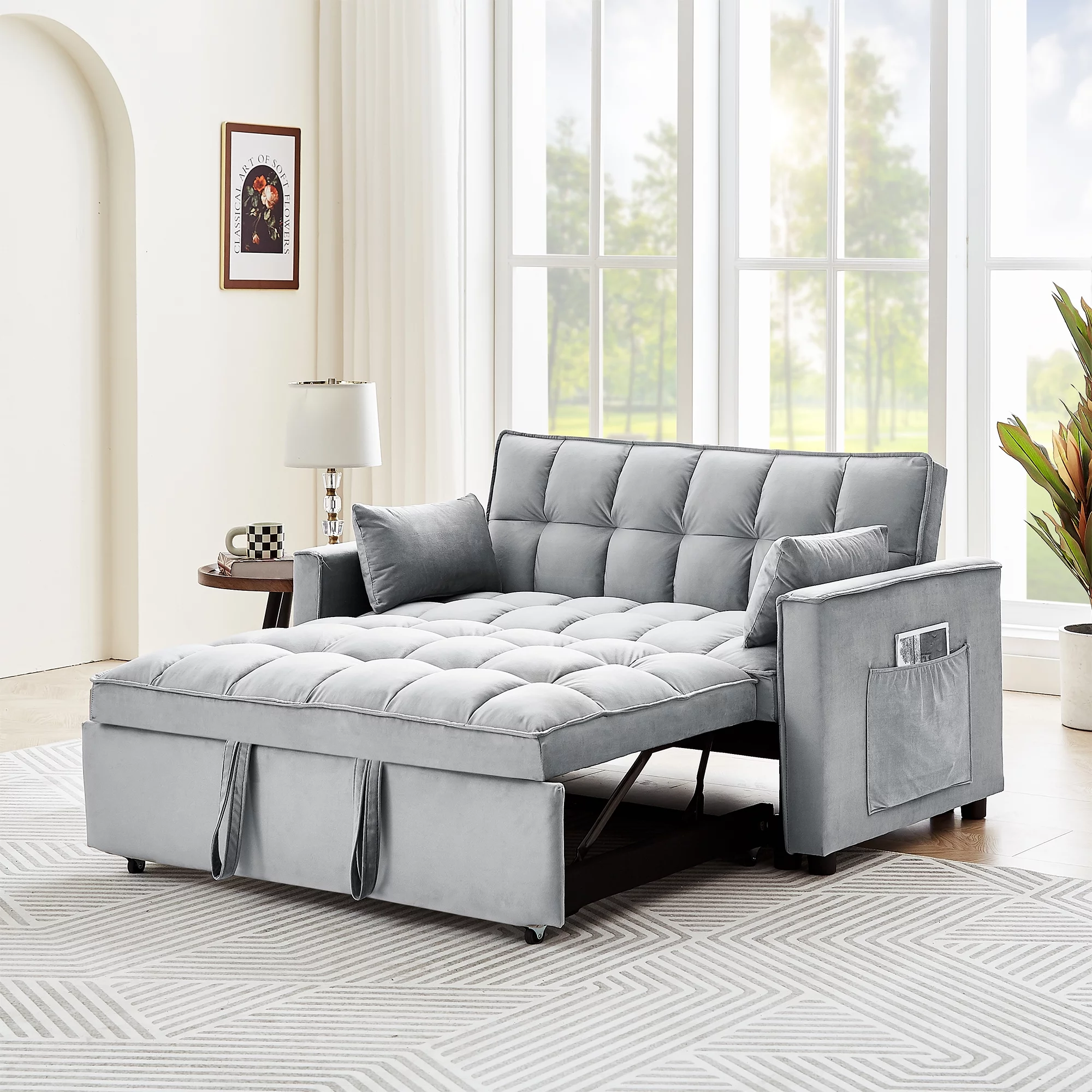 3 in 1 Sleeper Sofa Couch Bed, Modern Velvet Convertible Sleeper Sofa Bed, Small Love seat Sofa Bed with Pull-Out Bed, 2 Pillows and Side Pockets