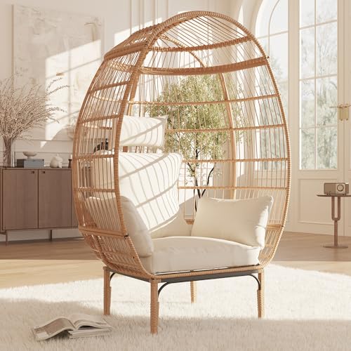 500 Lbs Capacity Oversized Wicker Egg Chair, All-Weather Rattan Egg Lounge Chairs for Patio, Backyard, Living Room