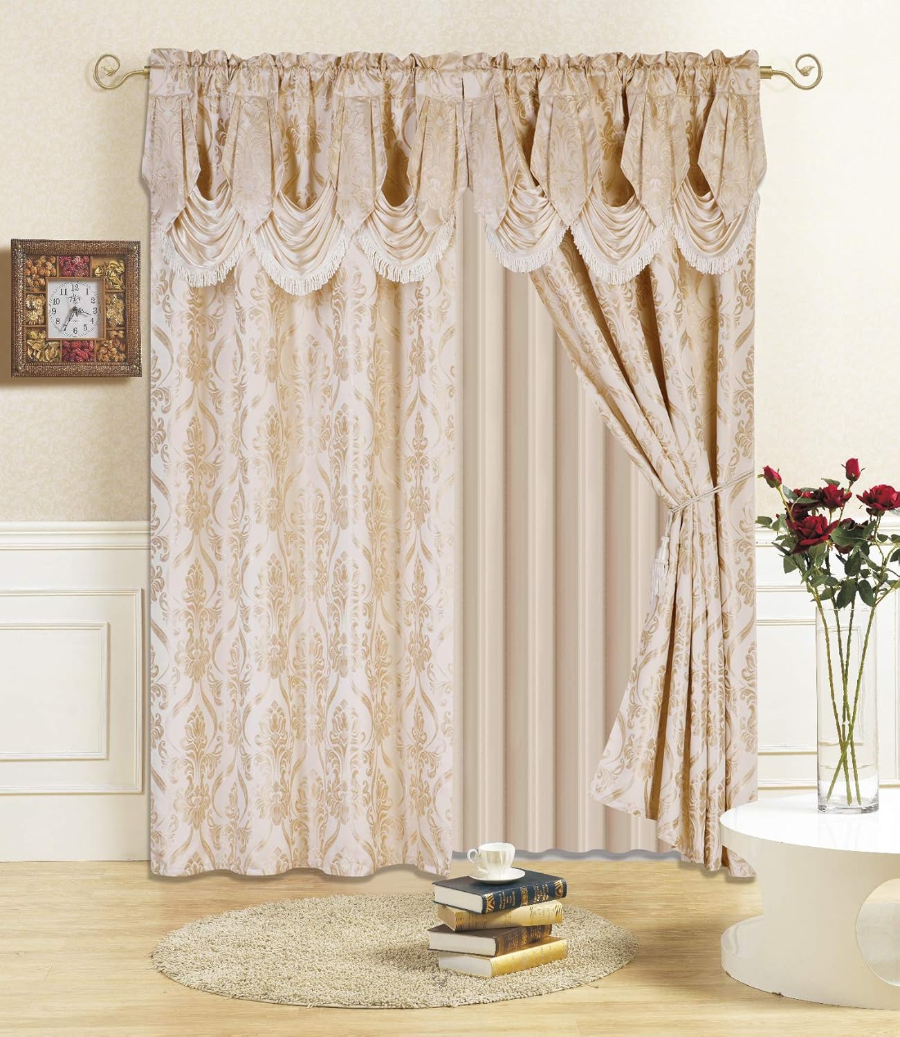All American Collection New 4 Piece Drape Set with Attached Valance and Sheer with 2 Tie Backs Included (63" Length, Orange)
