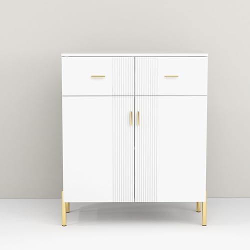 2 Door Sideboard Floor Storage with 2 Drawers and Shelves Buffet Cabinet Perfect for Living Room, Kitchen, Home Office, Entryway, Elegant White Finish