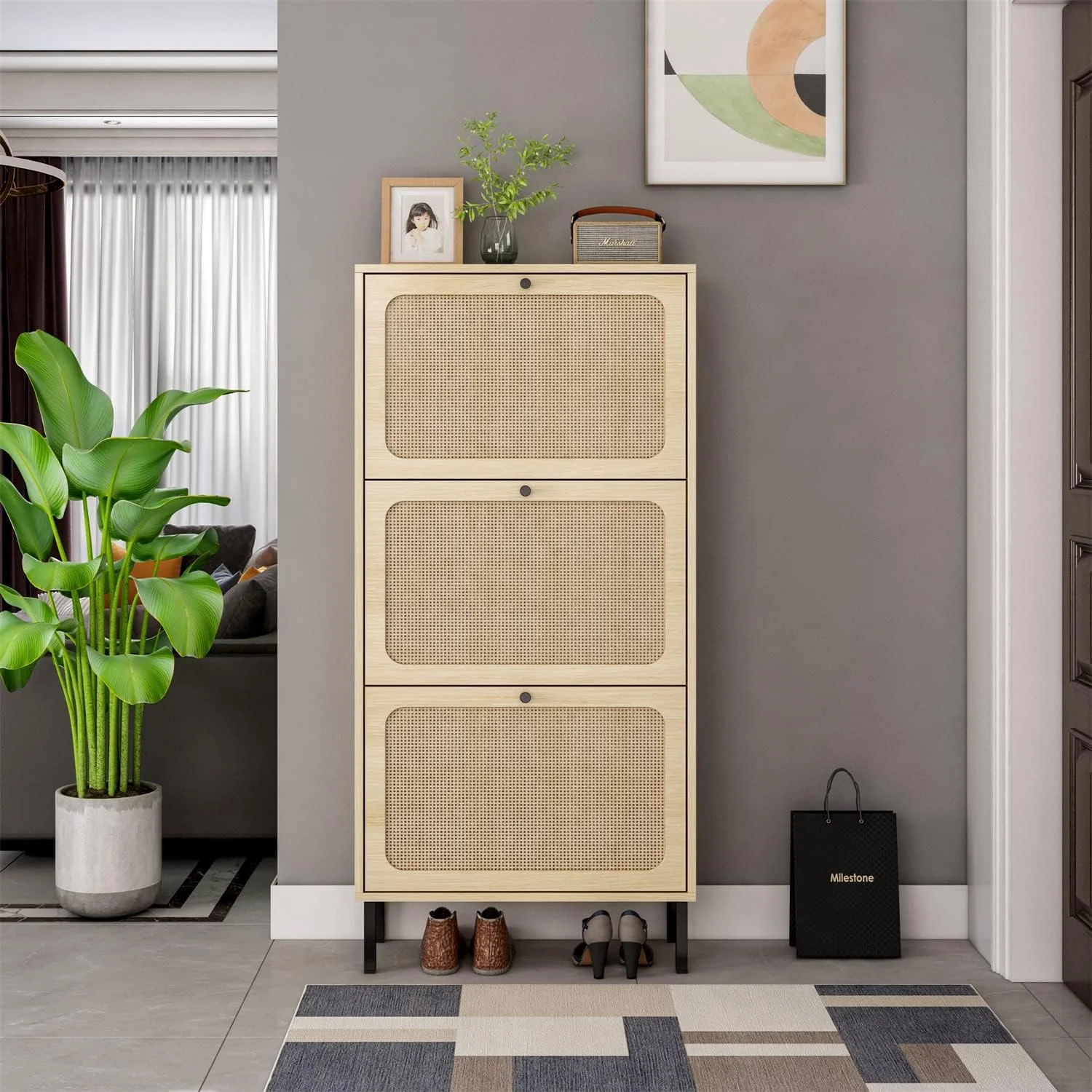 Rattan Shoe  Cabinet with 3 Flip Drawers for Entryway  Freestanding Shoe Rack  Slim Entryway Shoe Organizer with Half Round Woven Rattan Doors for