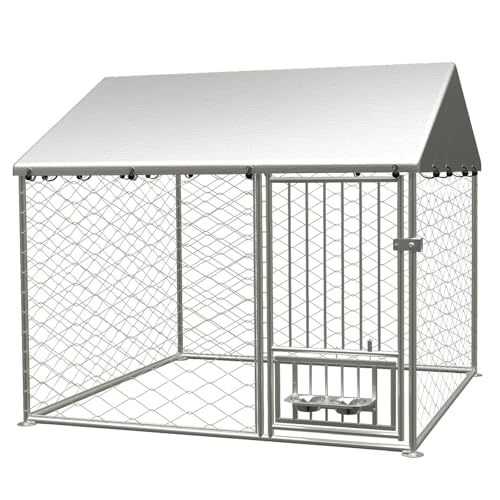 10X10FT Outdoor Large Dog Kennel, Heavy Duty Dog Cage for Large Dogs, Durable Dog House Enclosure with Roof and Rotating Feeder Bowls