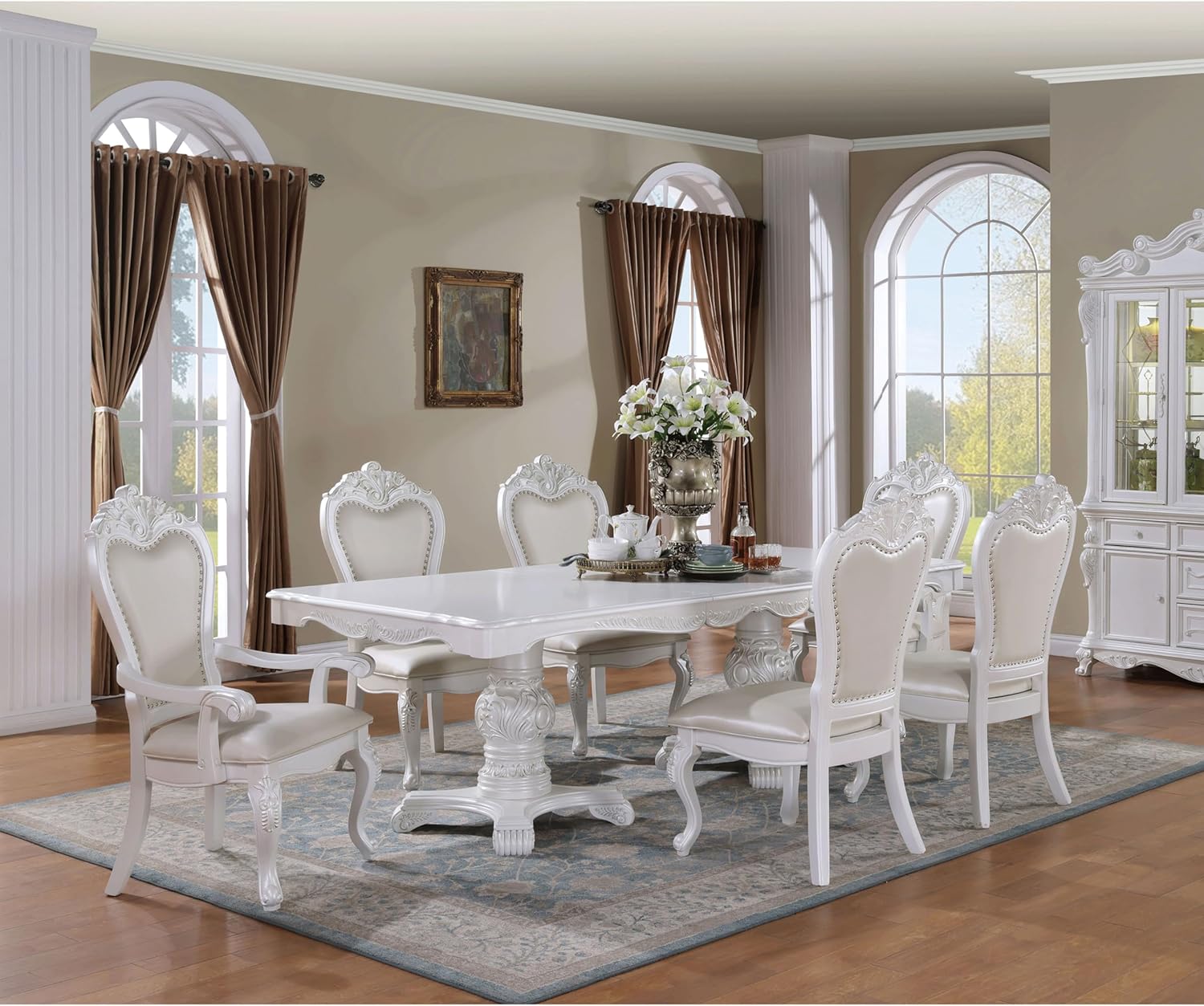Furniture of America Adair Traditional Solid Wood 7-Piece Dining Set with Double Pedestal Expandable Table and 6 Leather Padded Side Chairs for Home