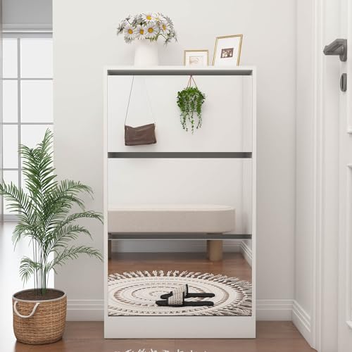 White Shoe Cabinet, Shoe Organizer Cabinet with Hanger, Slim Hidden Shoe Rack Cabinet