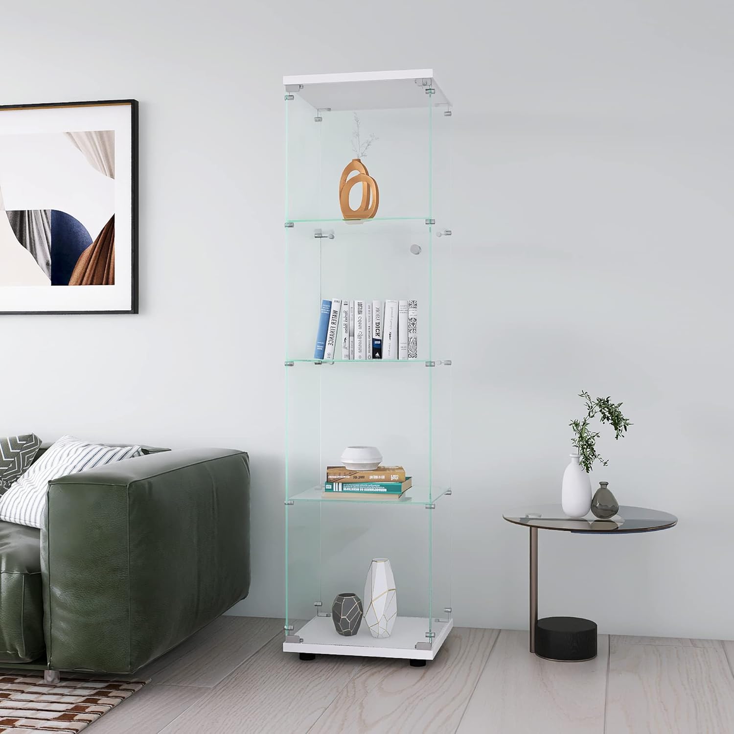4-Shelf Glass Display Cabinet with Door and Lock, Upgraded Quick-Install Style Curio Cabinets 5mm Tempered Glass Floor Standing Bookshelf for Bedroom