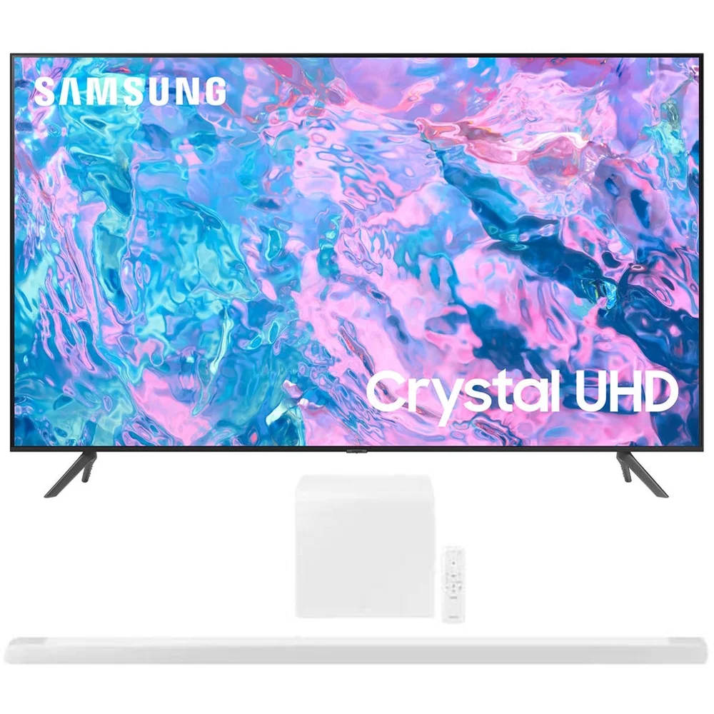 Samsung UN85CU7000FXZA 85 inch Crystal UHD 4K Smart TV 2023 Bundle with Samsung 3.1.2ch Soundbar with Wireless Dolby Atmos / DTS:X White 2022
