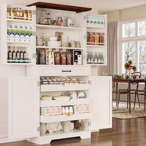 IRONCK Farmhouse Kitchen Pantry Cabinet, 72" Height Tall Freestanding Cupboard with Sliding Storage Rack and 6 Hanging Shelves for Kitchen