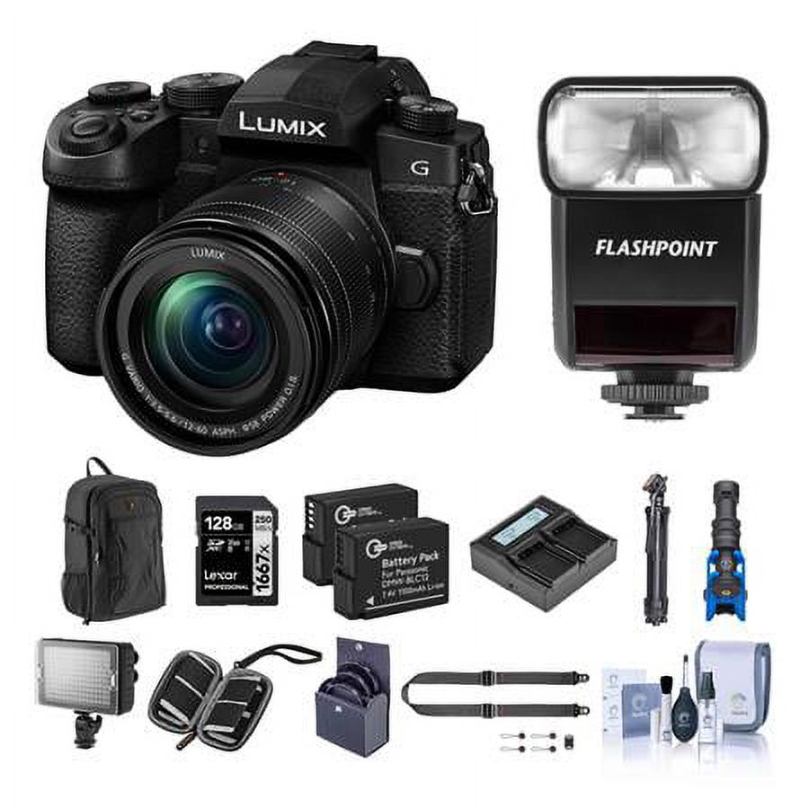 Lumix G95 Mirrorless Camera with Lumix G Vario 12-60mm f/3.5-5.6 MFT Lens Bundle with TTL Flash, 128GB SD Card, Backpack, Extra Battery, Charger