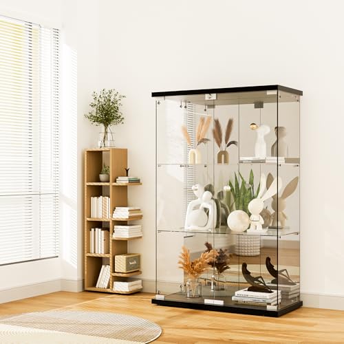 Glass Display Cabinet, 4-Shelf 3 Doors with Mirror & Lock, Tempered Glass Curio Display Cabinet Standing Glass Bookshelf Showcase for Bedroom