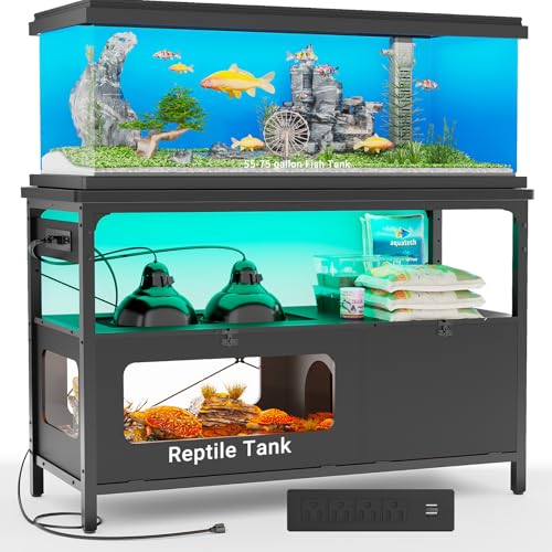 55-75 Gallon Fish Tank Stand with LED Light, Aquarium Stand with Outlet and Storage, 49.2" Reptile Terrarium Tank with Lockable Door