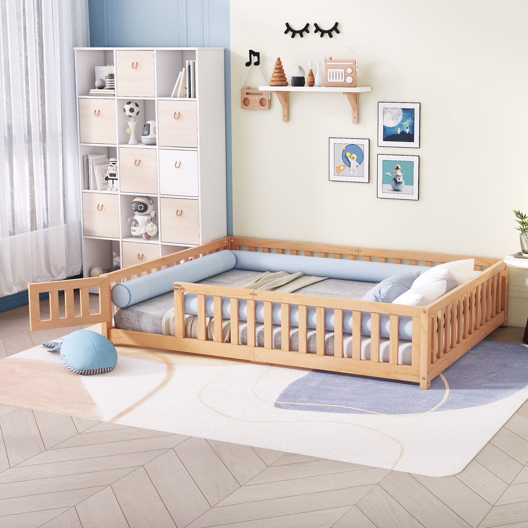 CoSoTower Queen Size Bed Floor Bed with Safety Guardrails and Door for Kids, Natural (Expect Arrival Date Nov.2Nd)