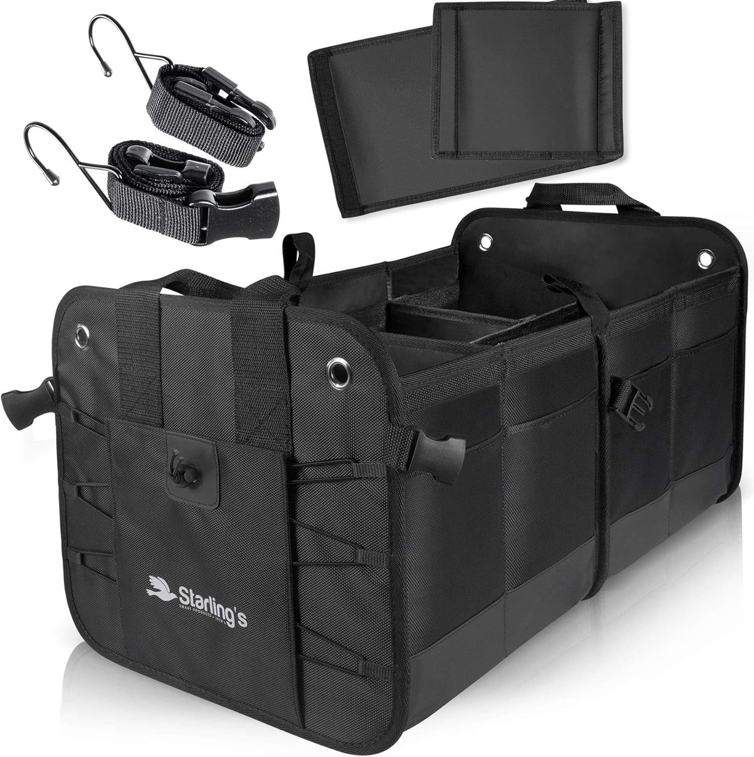 Starling's Car Trunk Organizer - Durable Storage SUV Cargo Organizer Adjustable (Black, 3 Compartments)