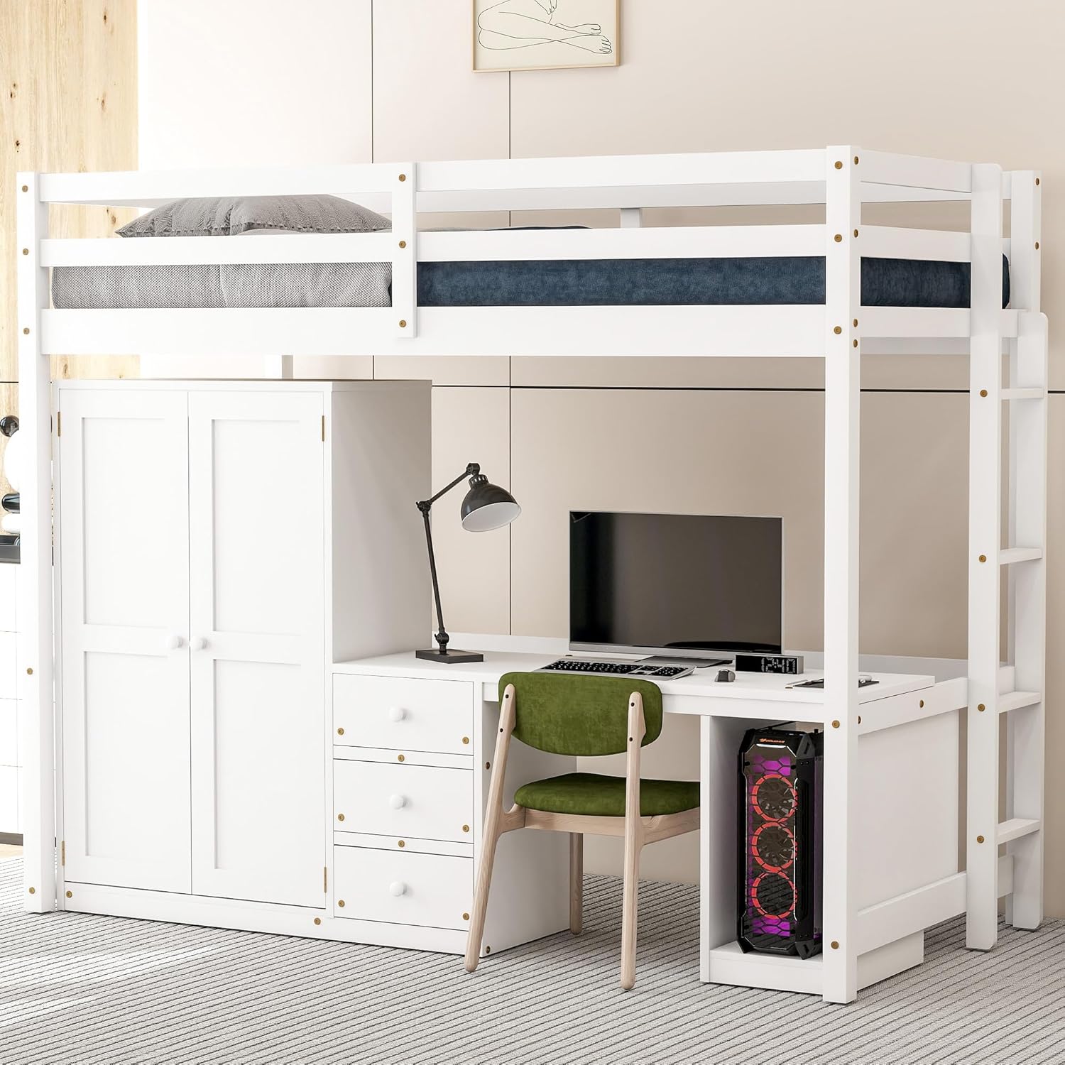 Twin Size Wood Loft Bed with Wardrobe, Desk and Storage Drawers, Versatile Wooden Loft Bed Frame with Large Storage Space for Kids, Boys and Girls