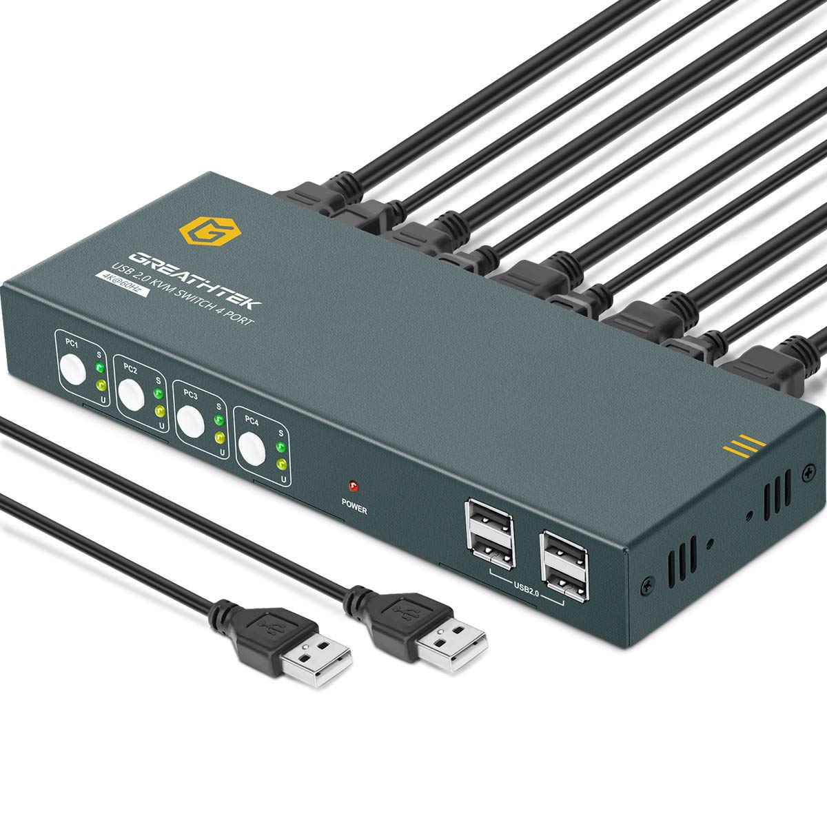 GREATHTEK KVM Switch HDMI 4 Port 4K@60Hz,4USB 2.0,Support The Input of USB2.0 Devices Such as Printers,HDCP2.2,YUV 4: 4: 4,All Needed Cables