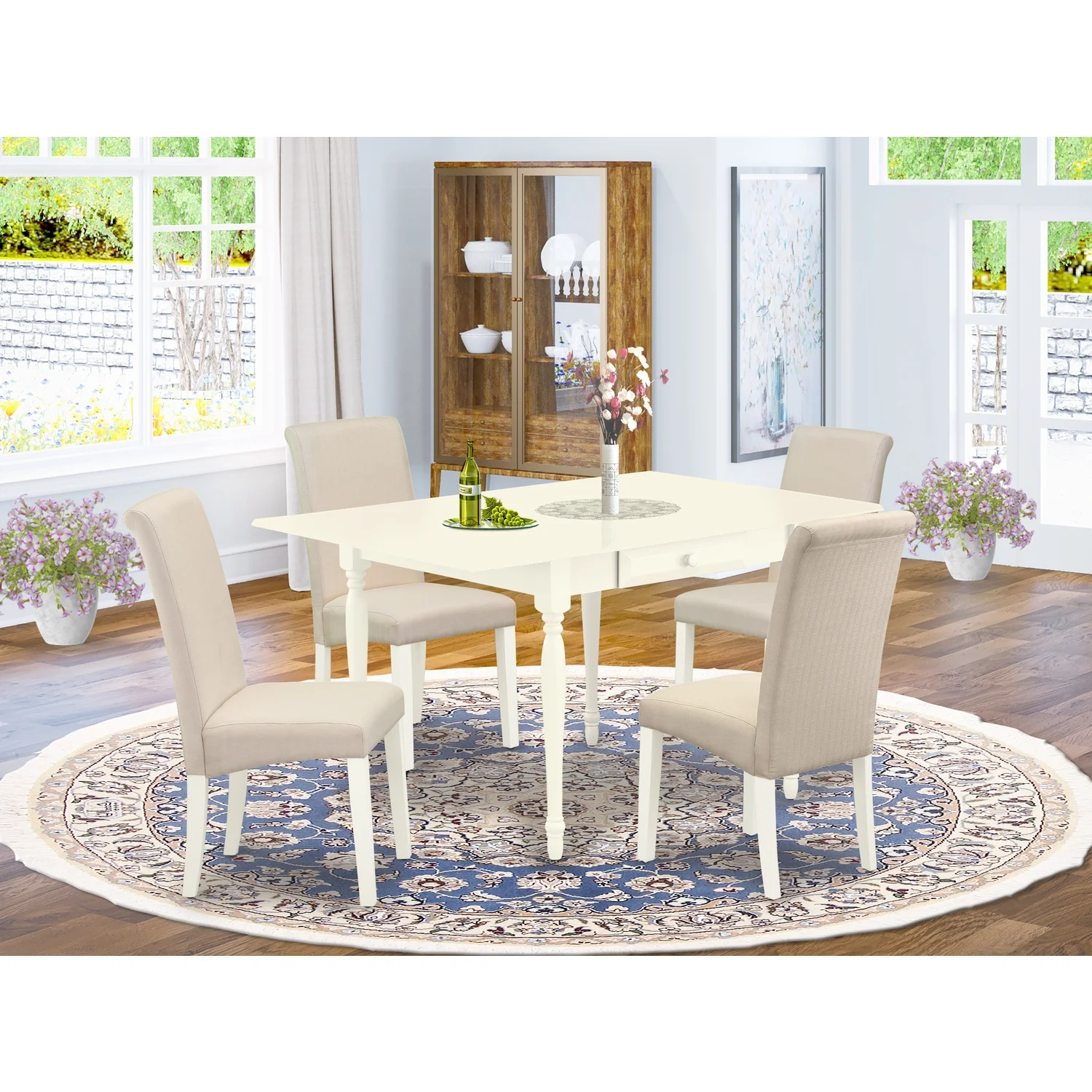 HomeStock Modern Motifs 5Pc Dinette Sets For Small Spaces Contains A Rectangle Table And 4-s Dining Room Chairs With Cream Color Fabric