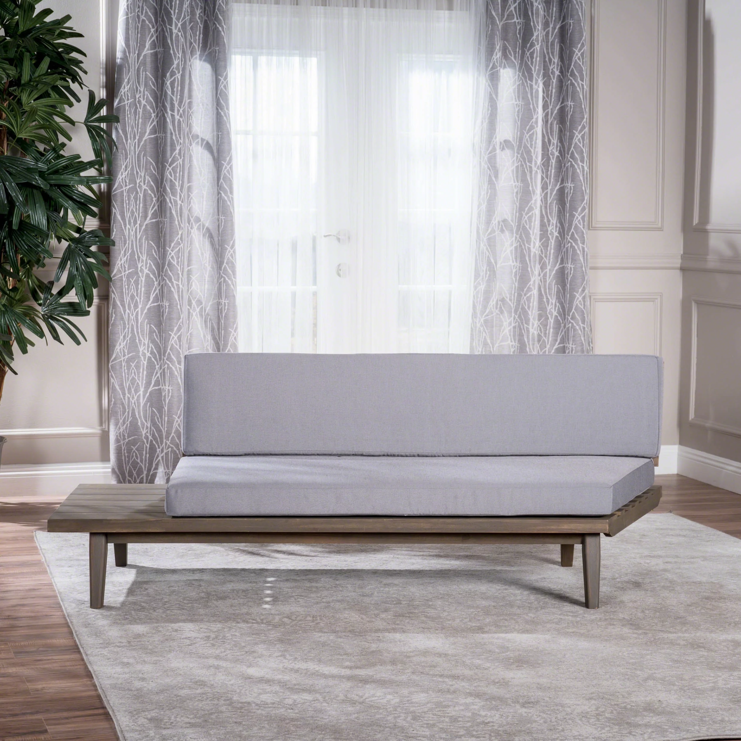 Emmory Indoor Minimalist Acacia Wood Left Sided Sofa with Cushions, Grey Finish and Grey