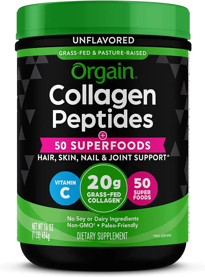 Orgain Hydrolyzed Collagen Powder + 50 Organic Superfoods For Women & Men, 20g Grass Fed Collagen with Vitamin C, Unflavored - Hair, Skin, Nail