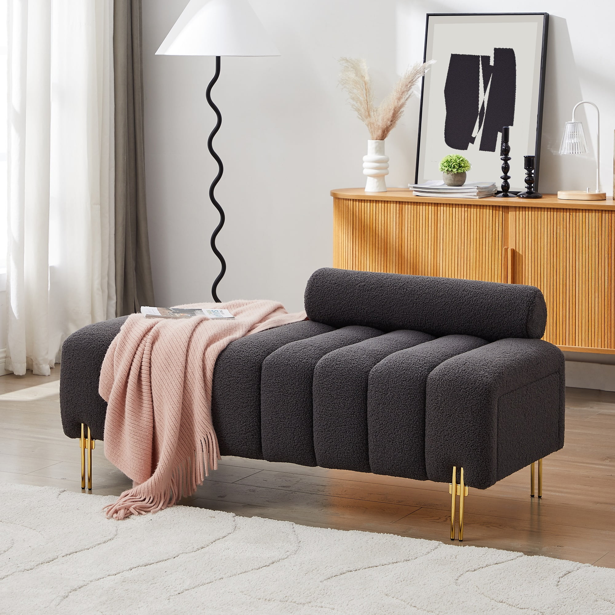 HUTWIFE Storage Bench for Bedroom End of Bed, Window Ottoman Storage Bench, Modern Upholstered Teddy Fabric Bench Ottoman, Tufted Bench for Entryway