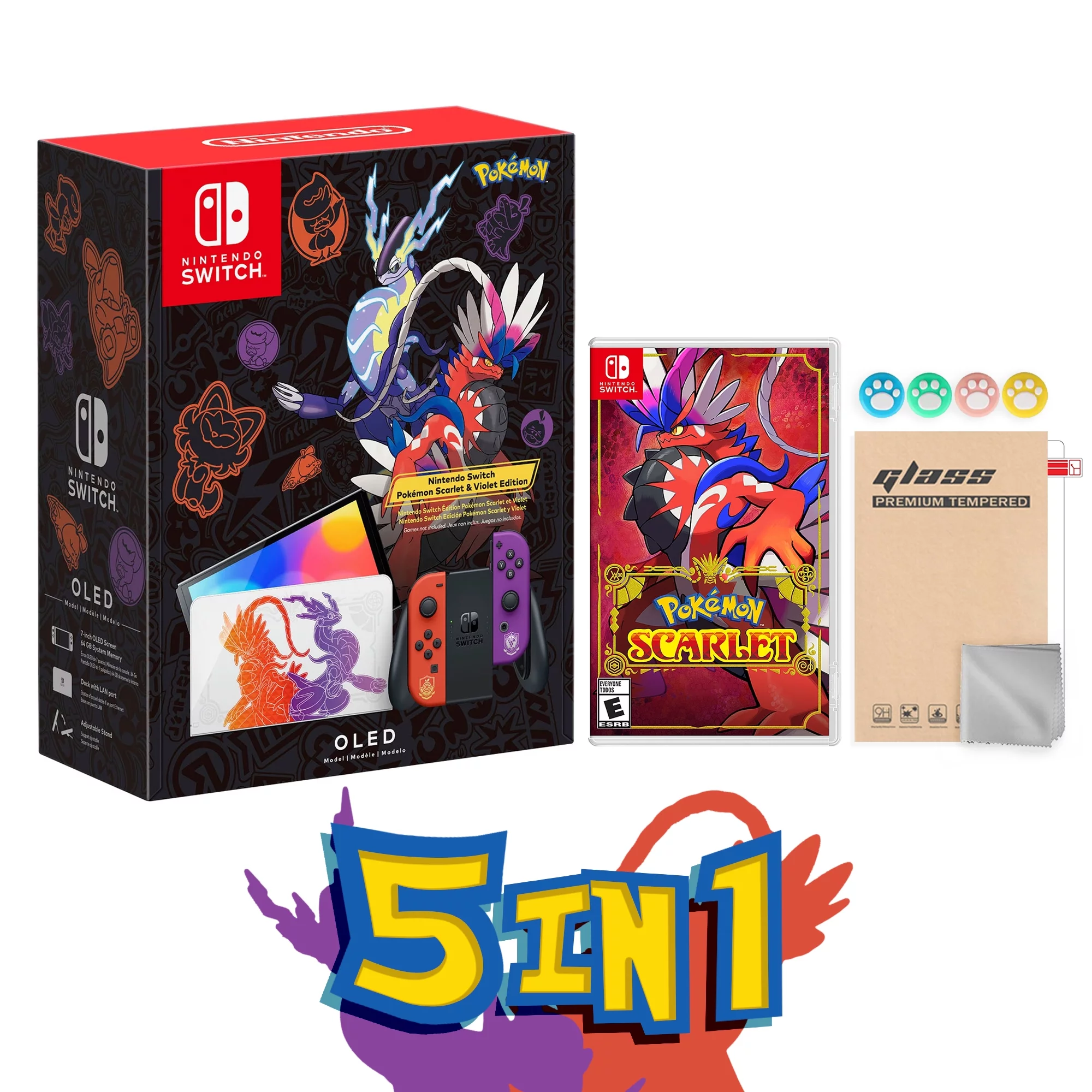 2022 Nintendo Switch OLED Model Pokemon Scarlet & Violet Limited Edition, Pokemon Illustrations 64GB Console, Koraidon and Miraidon Glossy White Dock