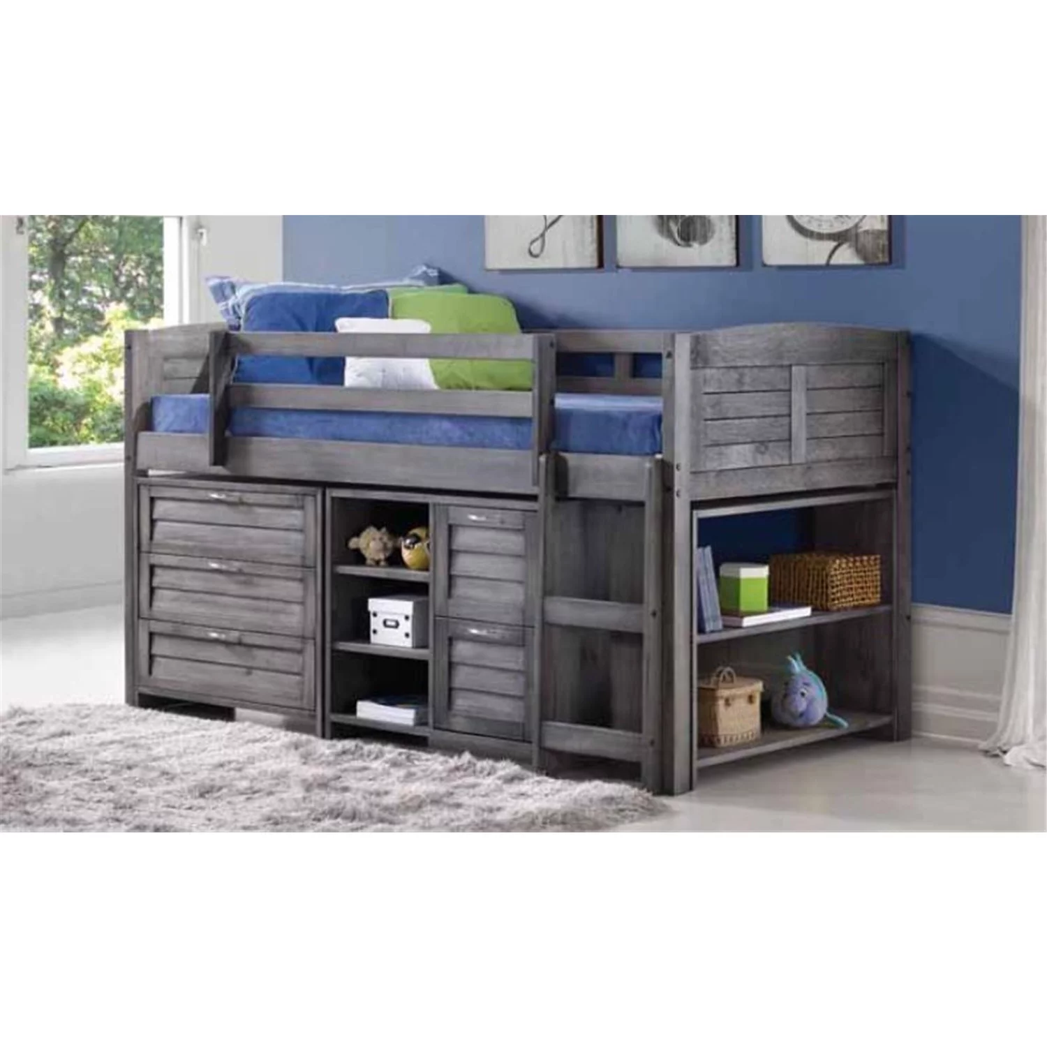 Donco Kids Louver Wood Loft Bed Storage, Twin, Antique-Gray