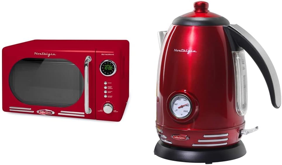 Nostalgia Retro Compact Countertop Microwave Oven - 0.7 Cu. Ft. - 700-Watts and Nostalgia Retro Stainless Steel Electric Tea And Water Kettle