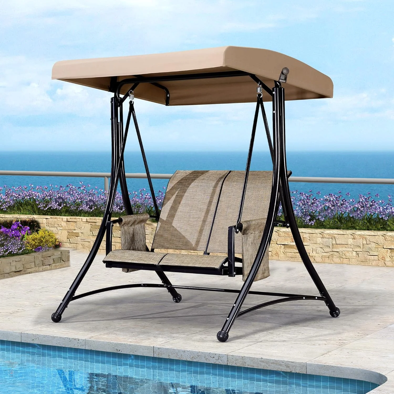PURPLE LEAF 2-Seat Deluxe Outdoor Patio Porch Swing with Weather Resistant Steel Frame, Adjustable Tilt Canopy, Beige