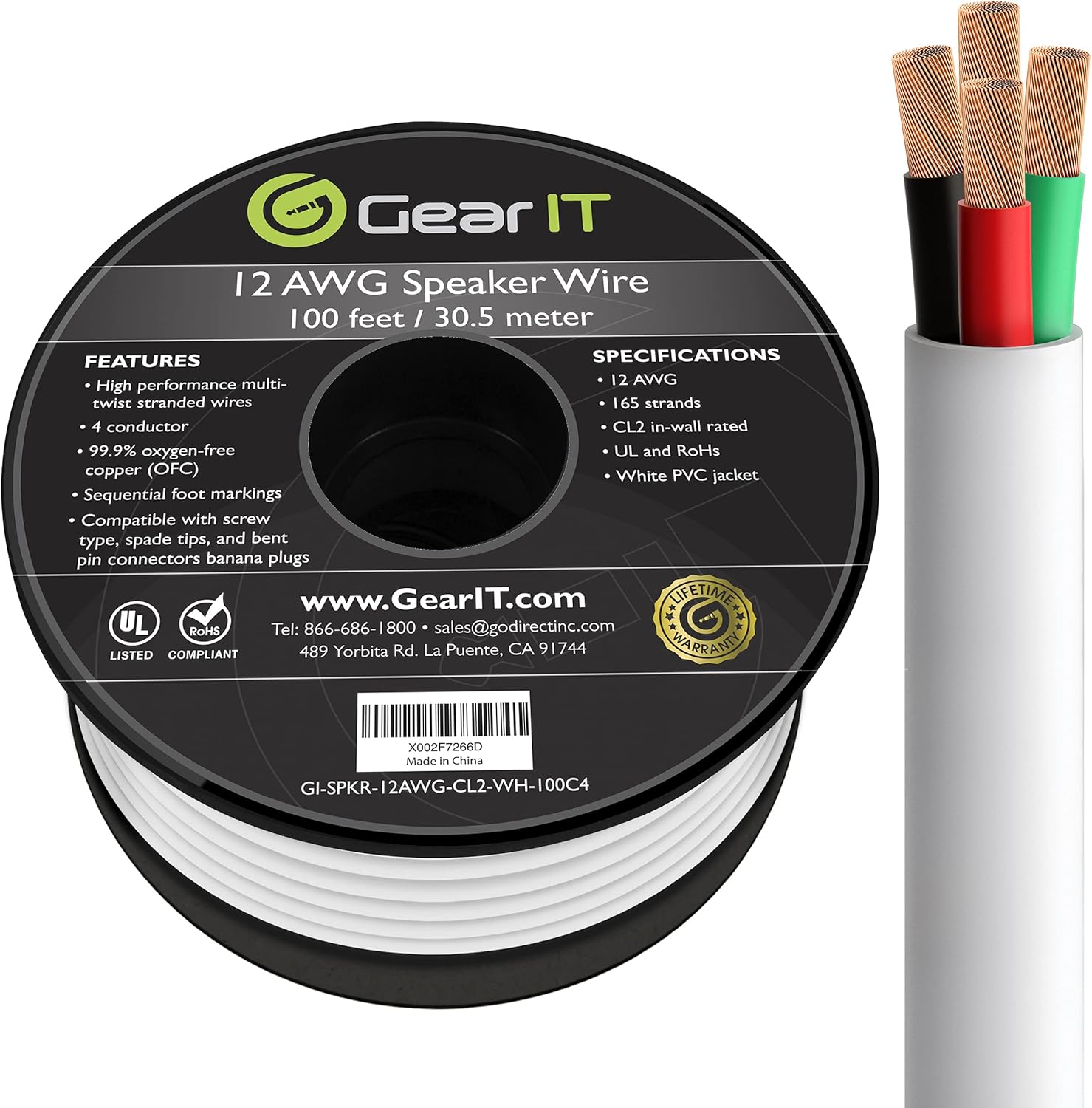 GearIT 16/4 Speaker Wire (100 Feet) 16AWG Gauge - in Wall Audio Speaker Wire Cable / CL2 Rated / 4 Conductors - OFC Oxygen-Free Copper, White 100ft