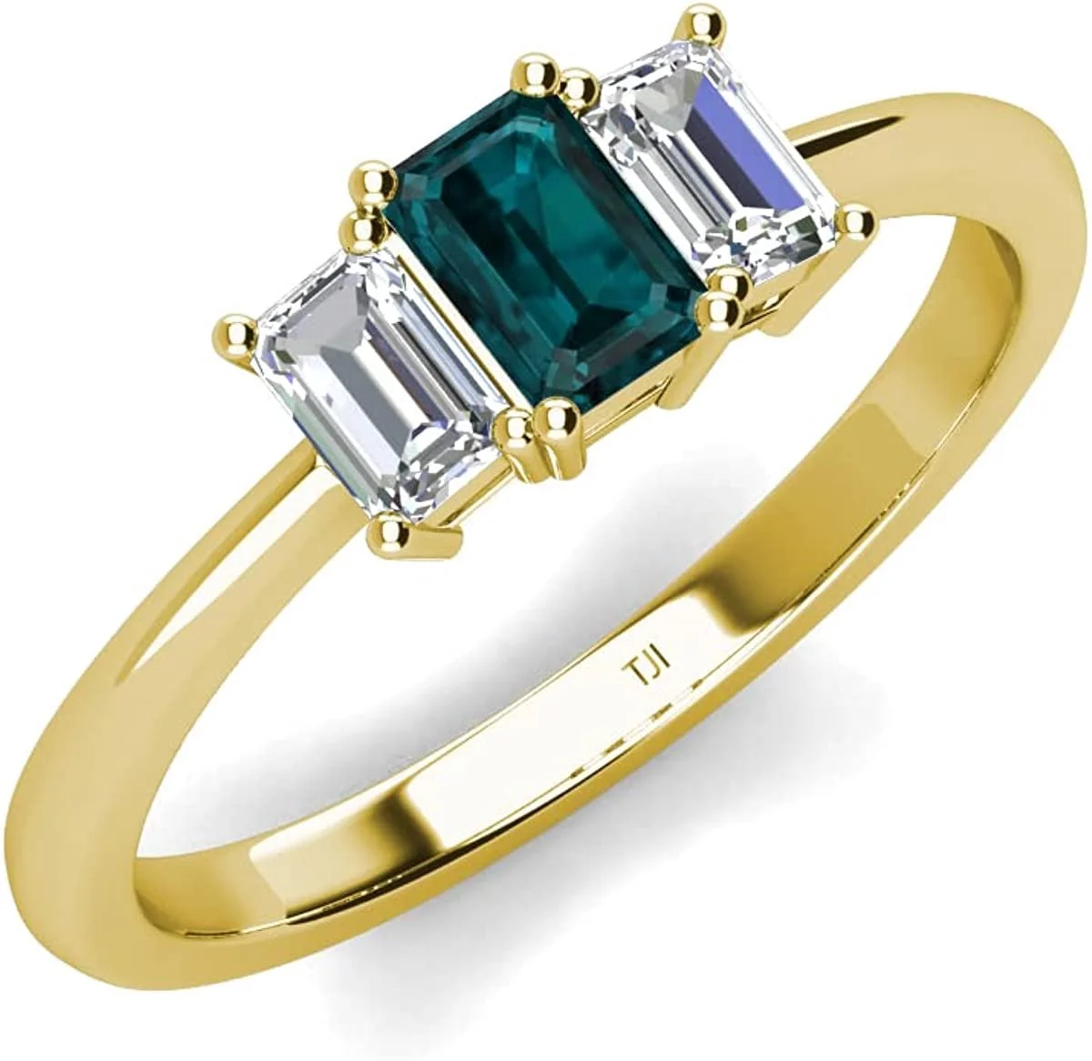 Emerald Cut 6x4 mm London Blue Topaz & Lab Grown Diamond 1 1/3 ctw 3 Stone Engagement Ring 14K Yellow Gold-4.25