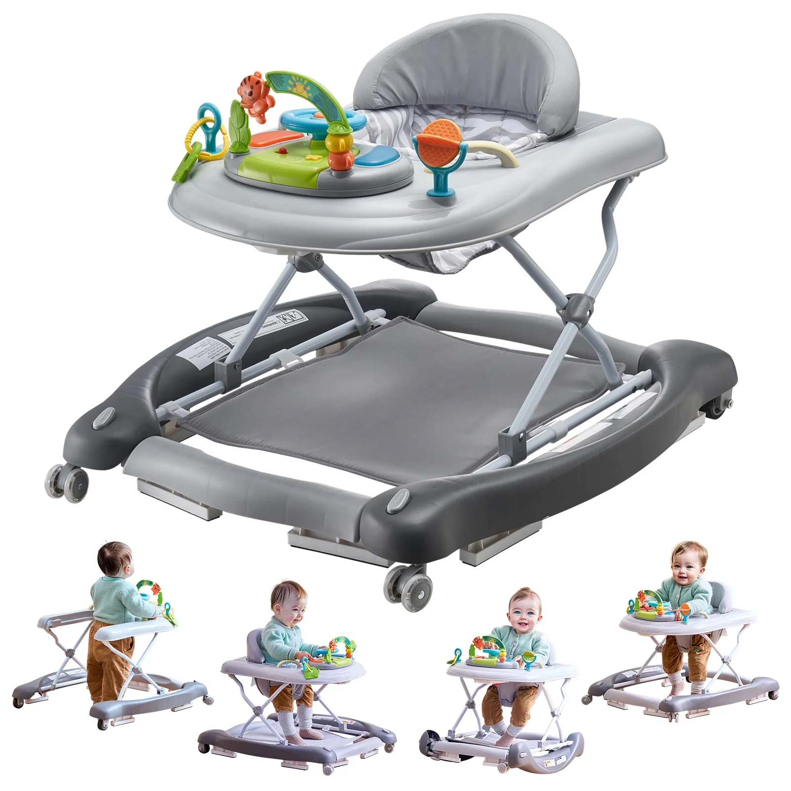 SKYSHALO Baby Walker 4 in 1, Foldable Height Adjustable Baby Walker with Wheels, Infant Toddler Walker with Foot Pads